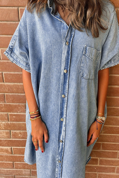 Pocketed Button Up Half Sleeve Denim Dress