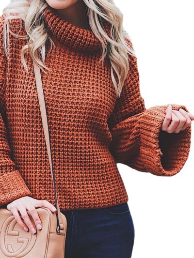 Waffle-Knit Turtleneck Round Neck Sweater