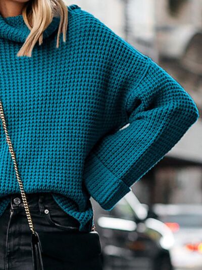 Waffle-Knit Turtleneck Round Neck Sweater