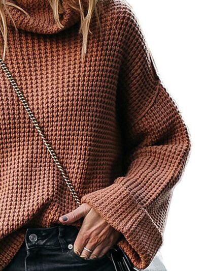 Waffle-Knit Turtleneck Round Neck Sweater