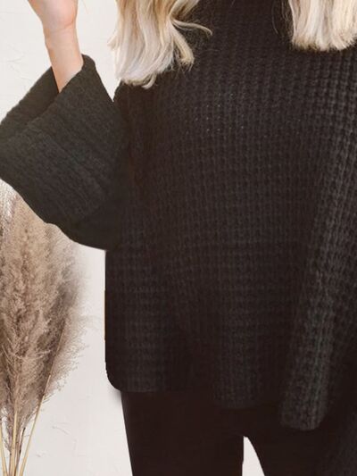 Waffle-Knit Turtleneck Round Neck Sweater