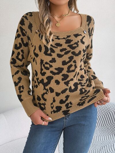 Leopard Buttoned Square Neck Sweater